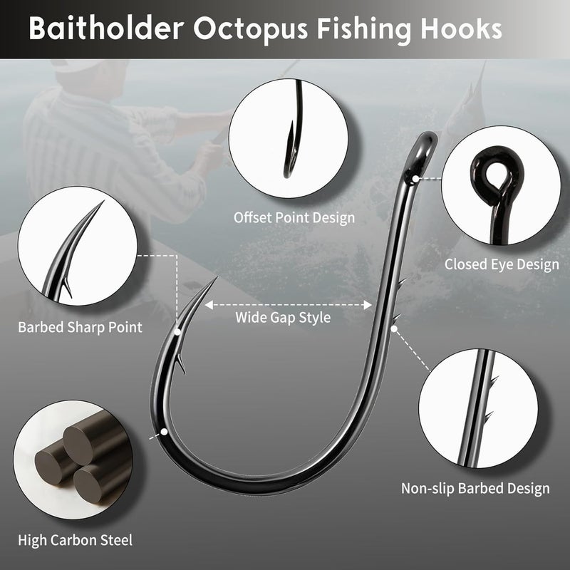 FishTrip Octopus Baitholder Fishing Hooks, 50/100pcs Sharp Barbed High Carbon Steel Offset Circle Hooks for Freshwater Saltwater - Image 2
